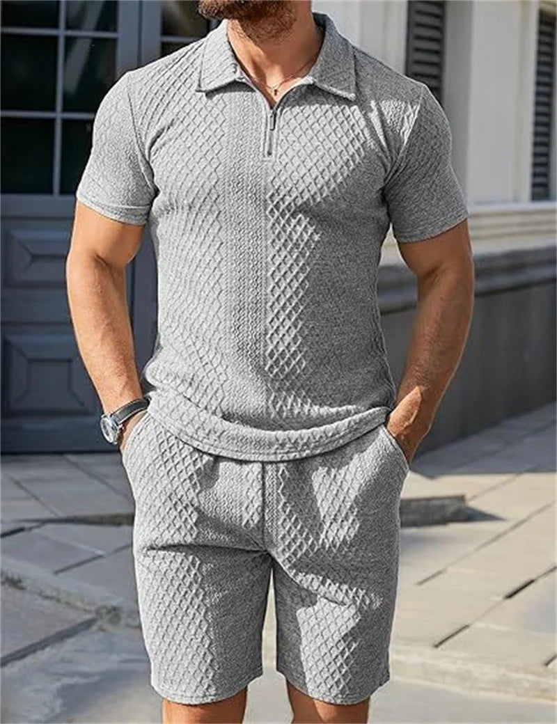 2025 New Men Suit Fashion Men's Summer Jacquard Half Zip Short Sleeve Polo Shirt+Shorts 2 PCS Sets Men Casual Sports Suit
