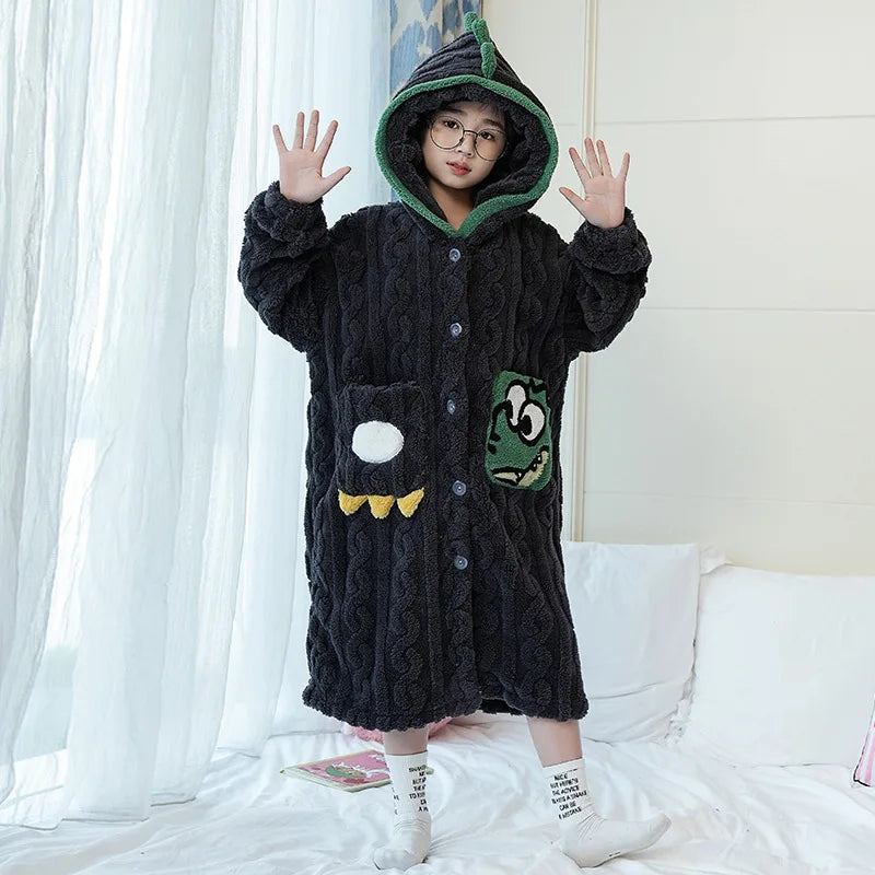 Kids Winter Bathrobe Thicken Warm Home Robe Baby Homewear Animal Dinosaur Cartoon Bathrobe For Children Hooded Gilrs Boys Robe