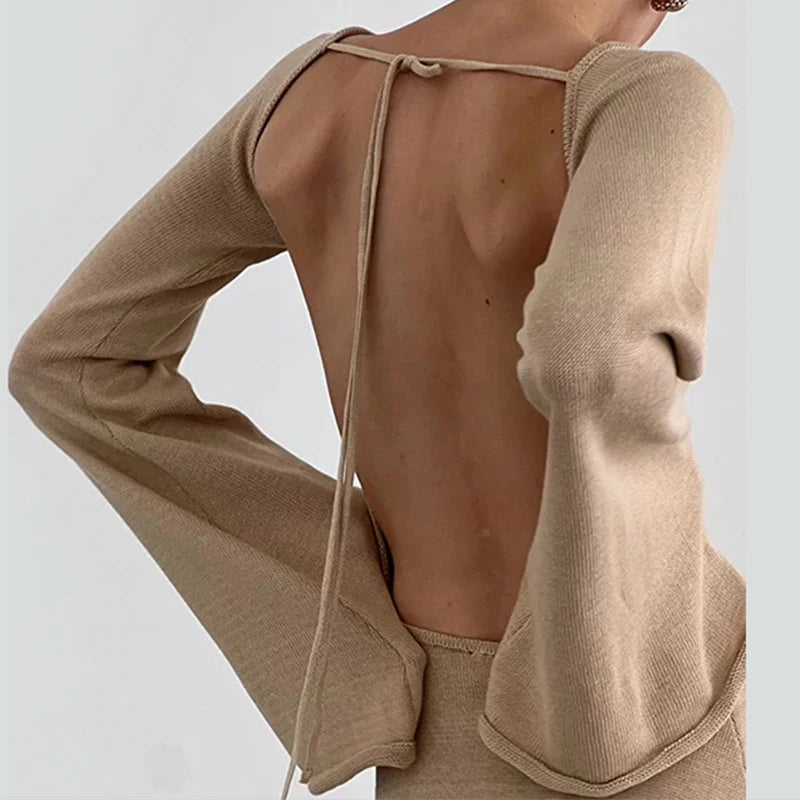 New sexy Backless Round Collar Cover-Ups Solid Color Knit Beachwear Stylish Horn Sleeve Beach suit Female Holiday wrap Dress