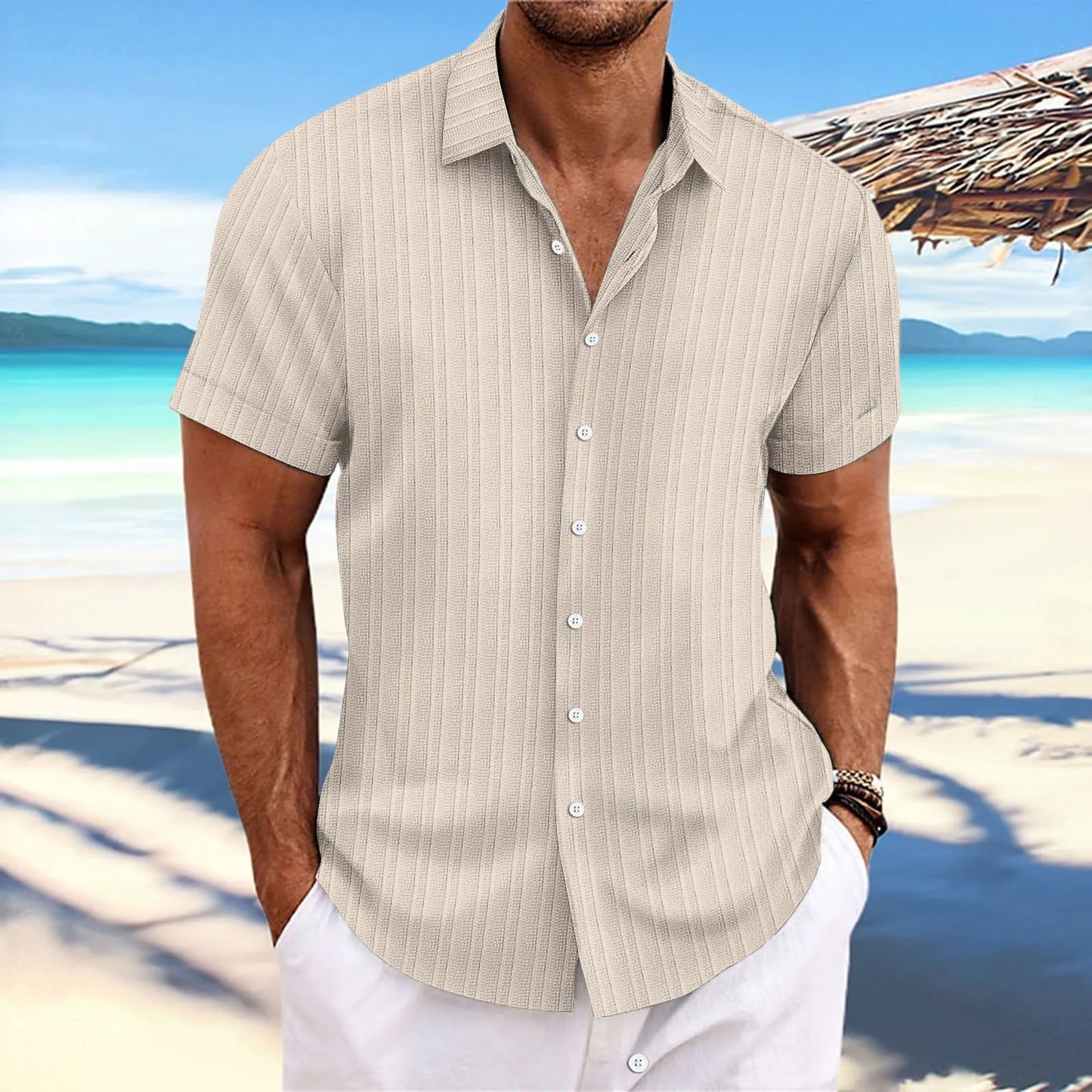 Simple And Versatile Summer New Men's Cotton And Linen Striped Jacquard Shirt Casual Comfortable Loose Short-Sleeved Shirt
