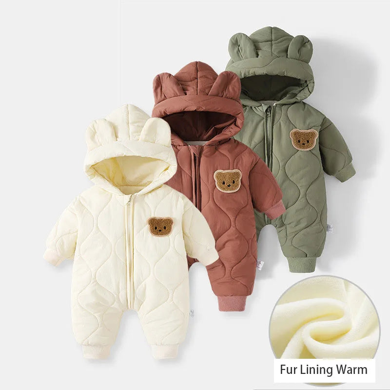  Winter Baby Outwear Clothing Fur Lining Warm Thick Toddler Girl's Boy's Rompers Cartoon Bear Infant Jumpsuit