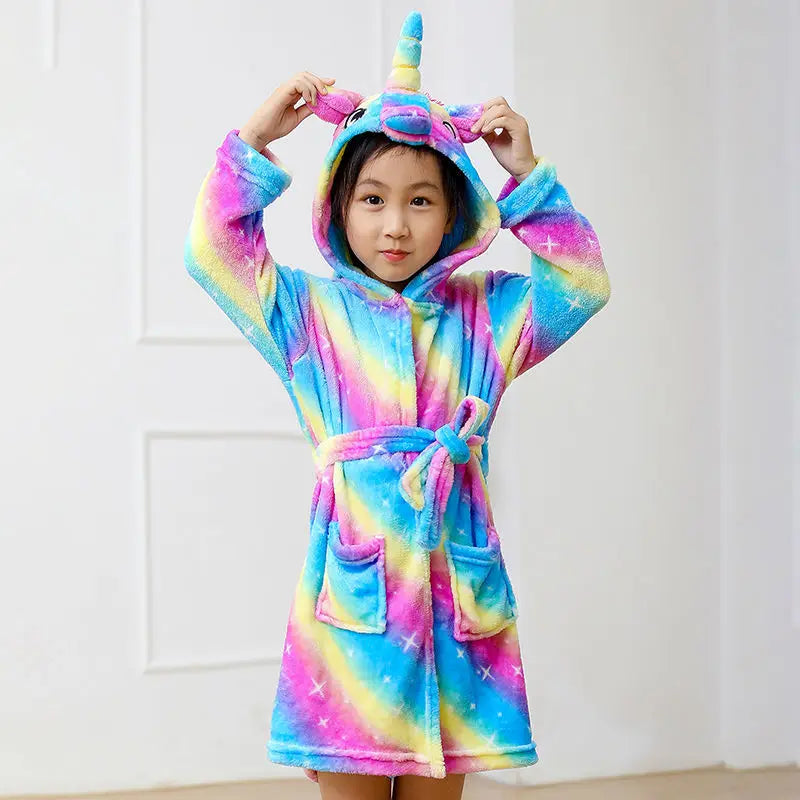 Boys Girls Hooded Bathrobe Toddler Unicorn Anime Cartoon Towel Beach Children's Sleepwear Baby Kids Bath Robes Pyjamas Nightgown