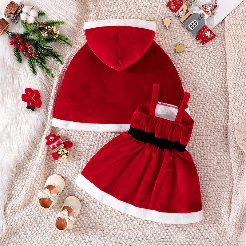Girls Christmas Outfit Set with Santa Terry Trim Sleeveless A-Line Dress and Hooded Cloak - Festive Holiday Clothing for Kids