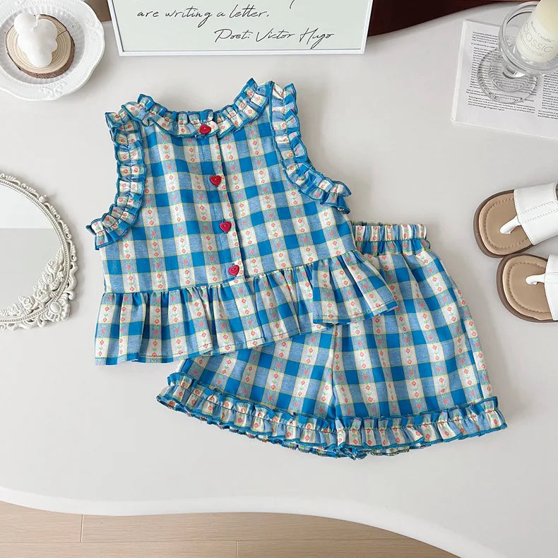 Children's Clothing Sets Blue Plaid Floral Print Sleeveless Top + Wide Leg Pants + Shorts 3 Pcs Sets Kids Clothes for Girls