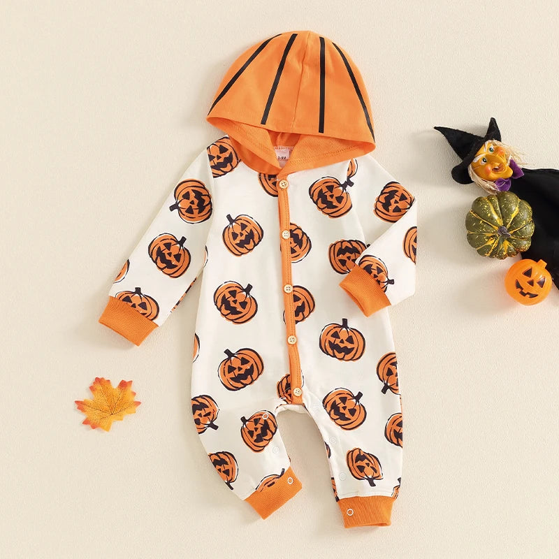 2024-05-23 Lioraitiin Baby Girl Boy Halloween Romper Bat Print Long Sleeve Full Length Hooded Jumpsuit for Fall