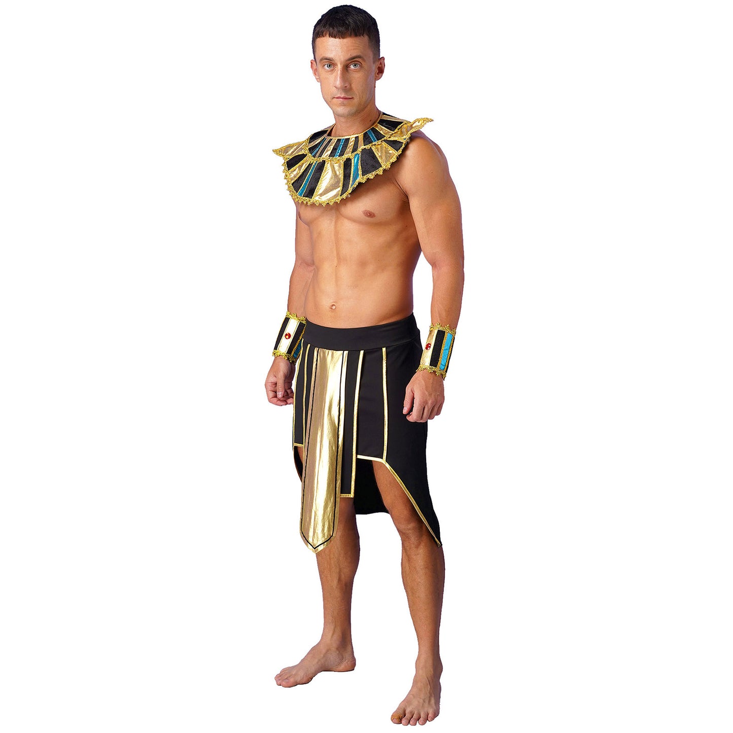 Mens Ancient Egyptian Pharaoh King Cosplay Costume Halloween Fancy Dress Skirt with Cuffs Collar Outfit for Theme Party/Stage