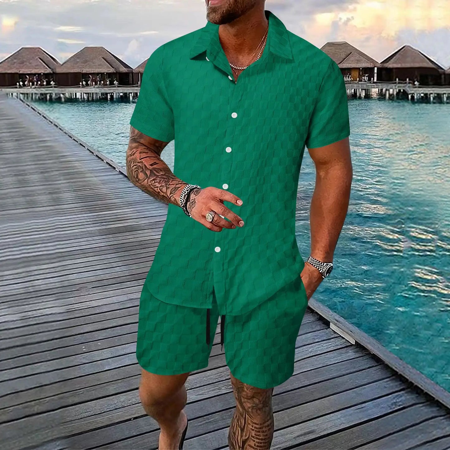 2025 Europe and America new summer men's loose fashion solid color casual mix short sleeve T-shirt shorts suit