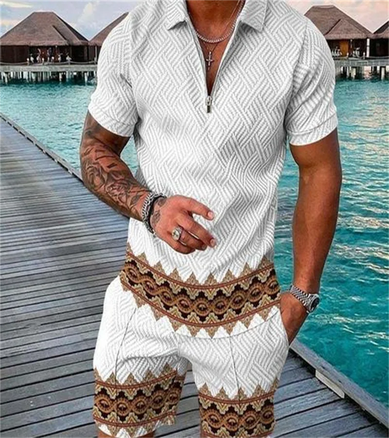 Funny 3D Polka Dot Print Men's Short Sleeve Sets Fashion Zip Polo Shirt Shorts 2 Piece Outfit Summer Street Clothing Casual Suit