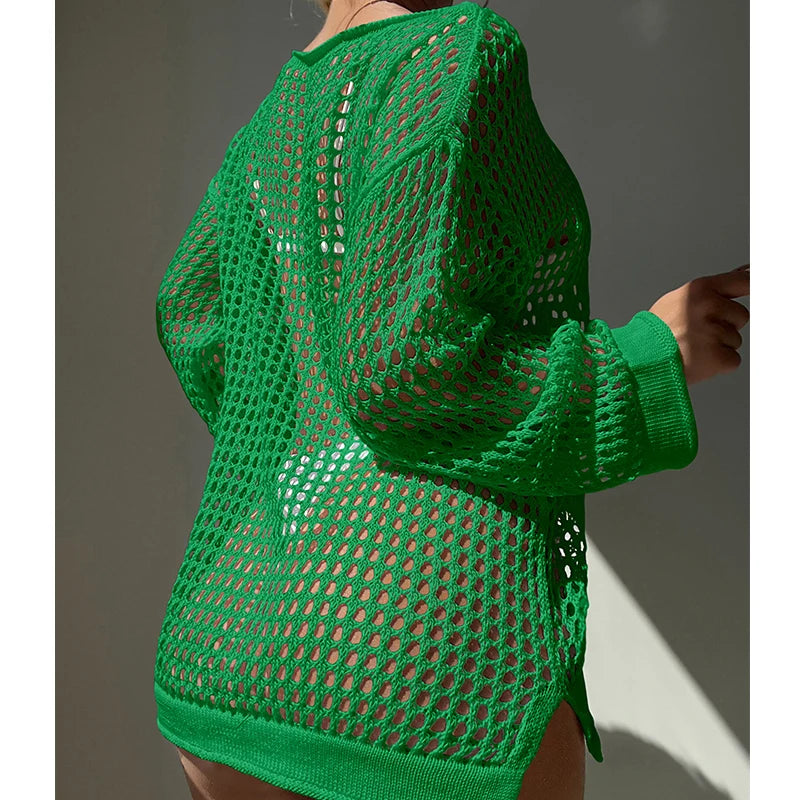 Knitting Loose Swimsuit Cover-Ups Sexy Hollow Out Round Collar Top Women Summer Beach Holiday Fashion Sunscreen Smock Top