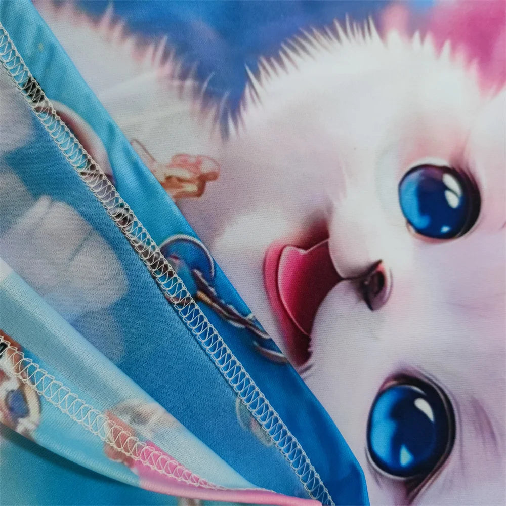 2024 Girl Summer Tops Girls Clothes 2 to 8 Years Short Sleeve Children T-Shirt Cat Print Kids T Shirt Kawaii Children's Clothing