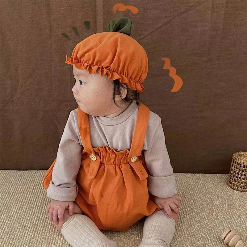 Baby Halloween Costumes Pumpkin Lantern Suspender Short Pants Hat 2pcs Sets Toddler Boys Girls jack-o'-lantern Outfits
