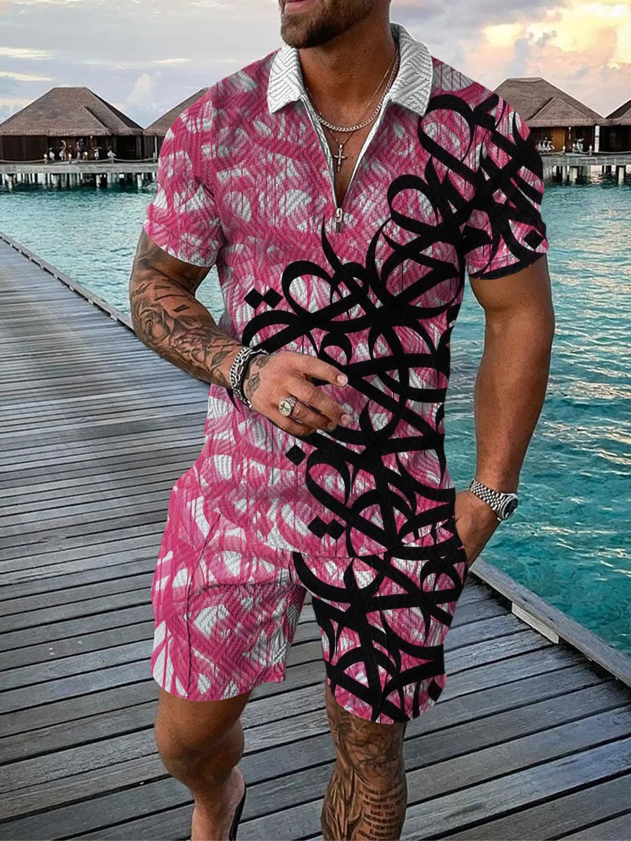 Hawaiian Coconut Tree Print Men's Sets Fashion Zip Polo Short Sleeve Top +Shorts Outfit Summer Beach Vacation Oversized Tee Suit