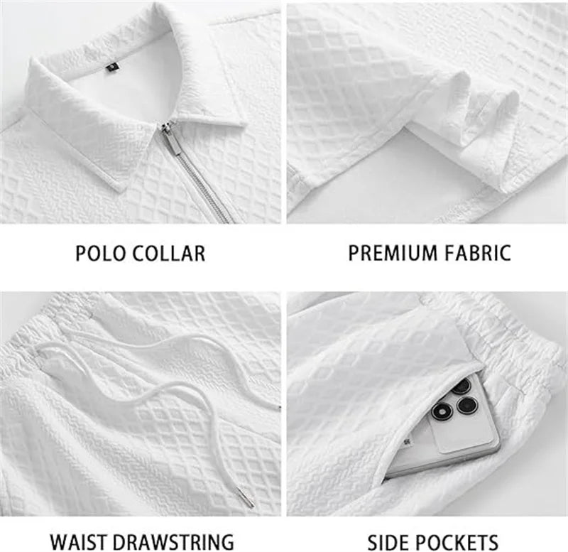 2025 New Men Suit Fashion Men's Summer Jacquard Half Zip Short Sleeve Polo Shirt+Shorts 2 PCS Sets Men Casual Sports Suit