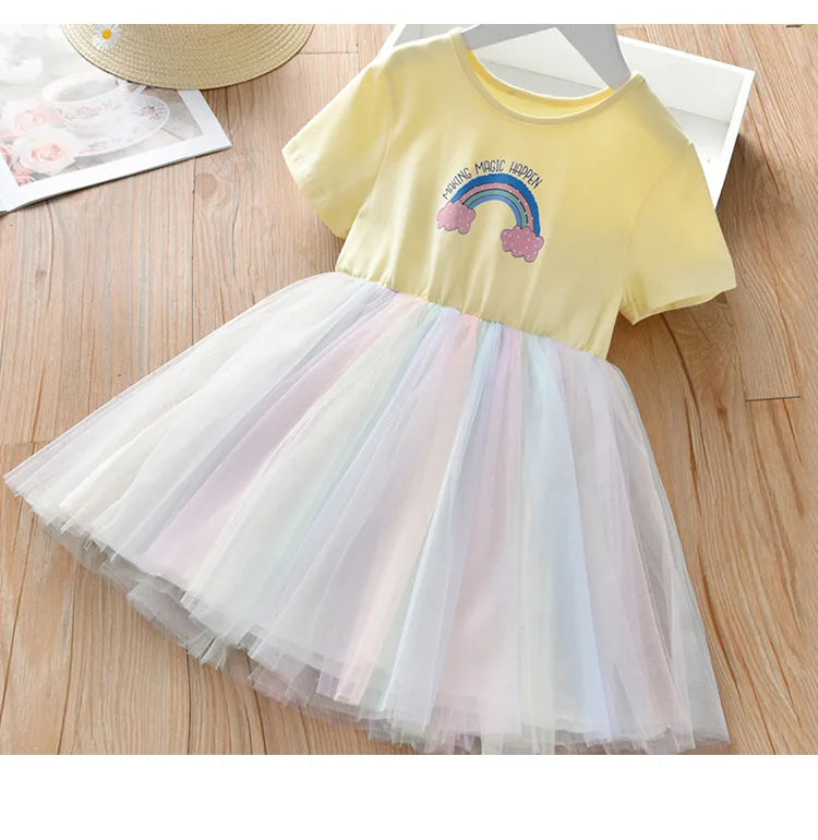 2024 New Girls Clothes Summer Princess Dresses Short Sleeve Cotton Kids Dress Unicorn Party Girls Dresses Children Clothing 3-8Y