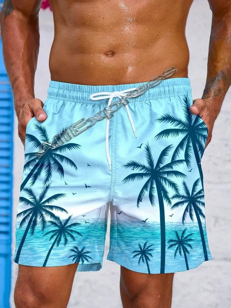 Summer New Harajuku 3D Cocoanut Trees Printing Beach Shorts Palm Tree Graphic Board Shorts for Men Hawaiian Cool Swimming Trunks