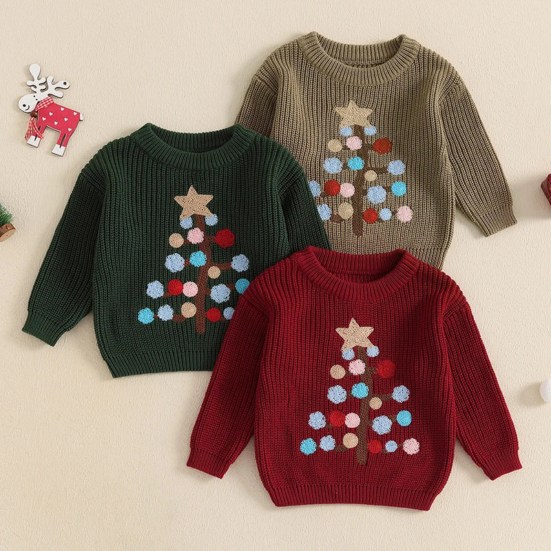 0-3Years Baby Boy Girl Christmas Sweaters Fall Winter Tree Pattern Long Sleeve Crew Neck Warm Knit Pullover Tops Kids Knitwears