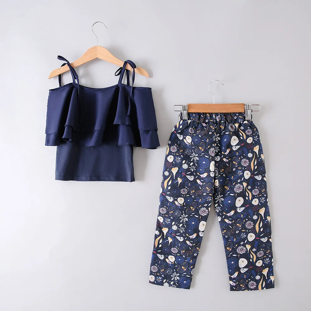 Summer Teen Girls Flower Chiffon Clothing Set Children Off Shoulder tops Floral Pants Kids Outfits Girl Clothes For 8 12 14Years