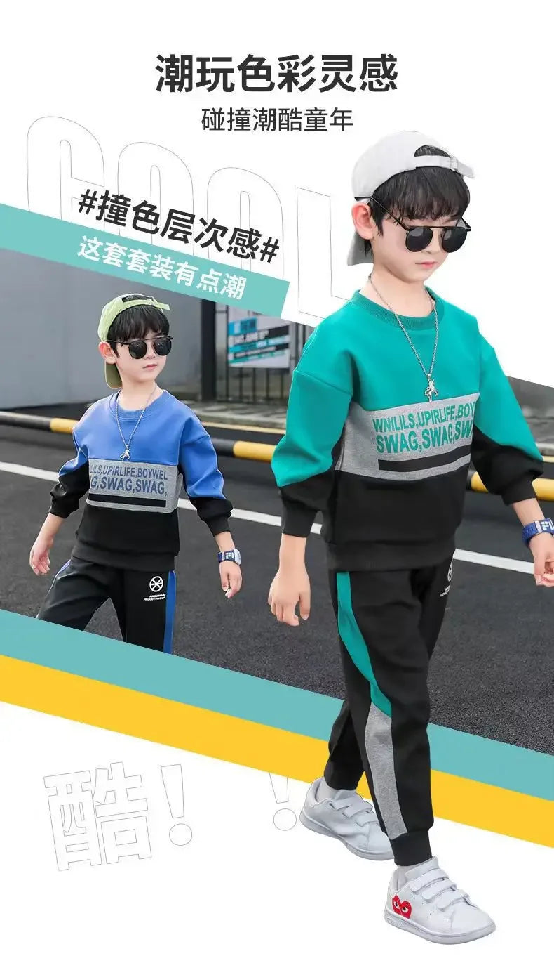 2024 autumn winter Boys Tracksuit velvet Children patchwork letters Cotton T-Shirt + Pants Suit Clothes children Set 12 14 Y