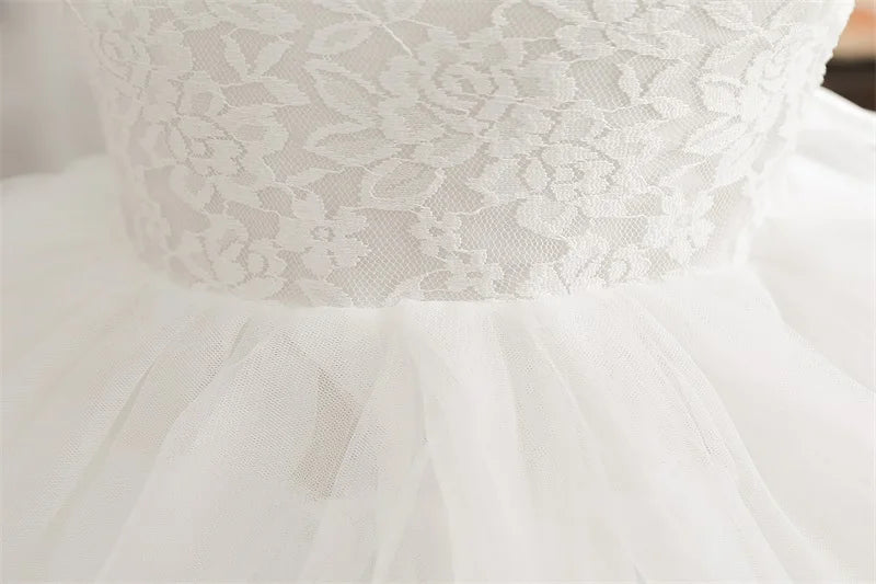 Flower Girl Dresses for Wedding Kids Lace Backless Tulle Tutu Princess Prom Party Clothes Baby 1st Birthday Baptism White Dress