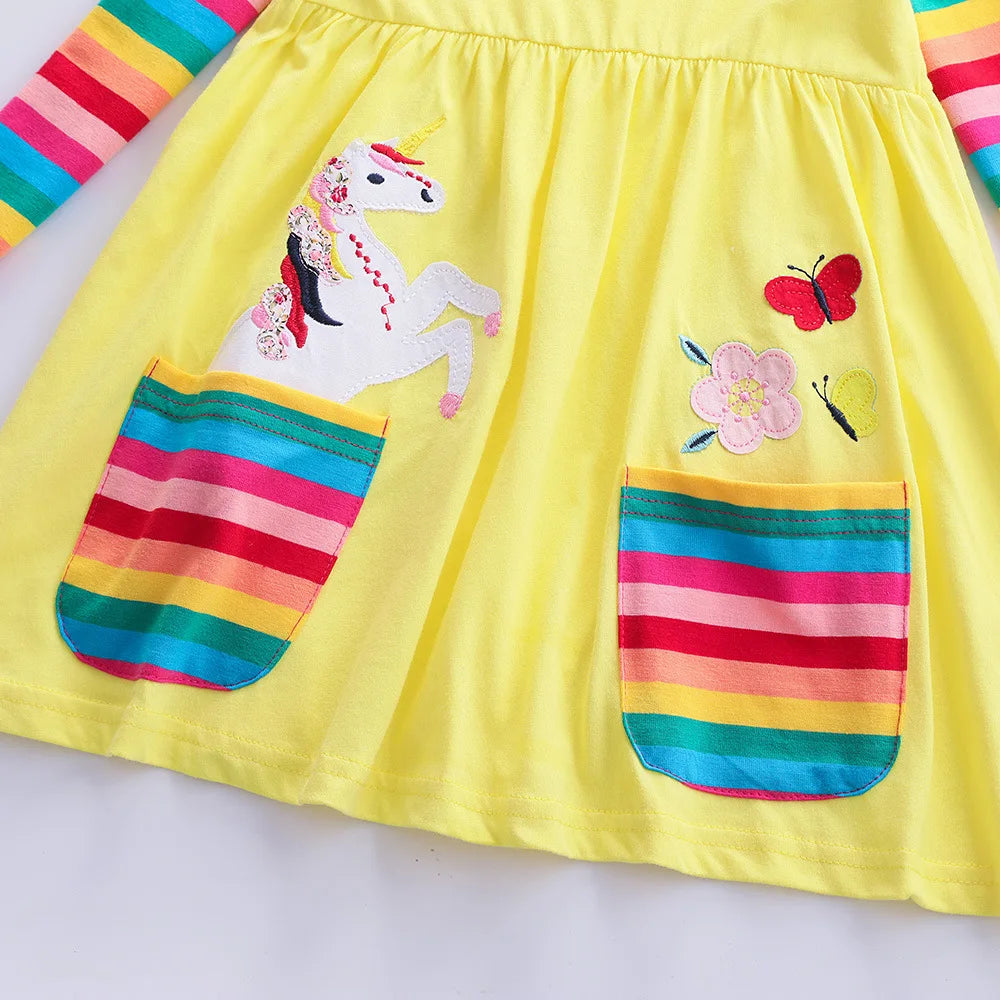 Girls' Long Sleeve Unicorn Dress Autumn Embroidery Two Pockets Rainbow Sleeves 81035
