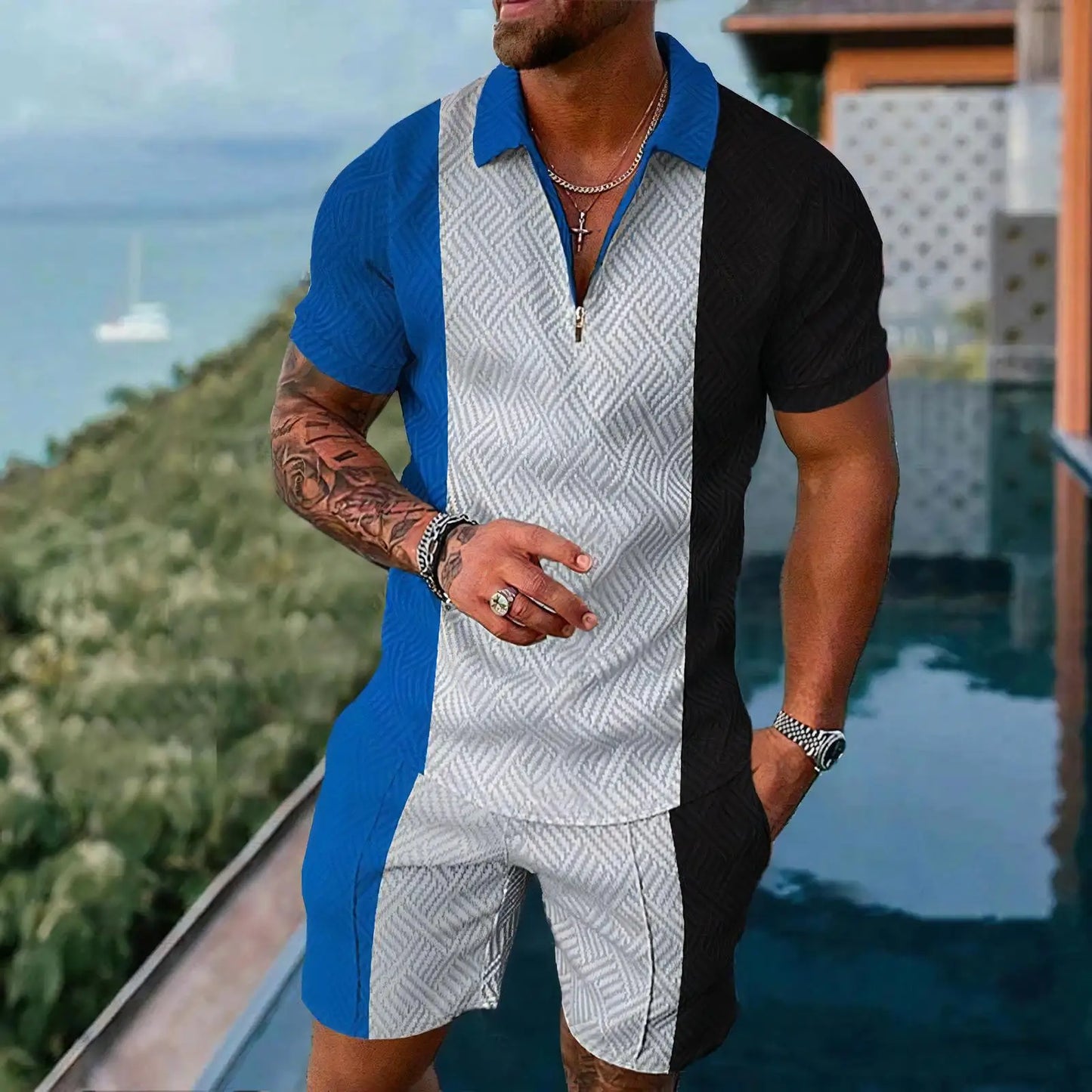 White Plaid Graphic Men's Polo Shirt Sets Casual Zipper Shirts+Shorts Sportswear Golf Stand Collar Tops Suits Male Clothing