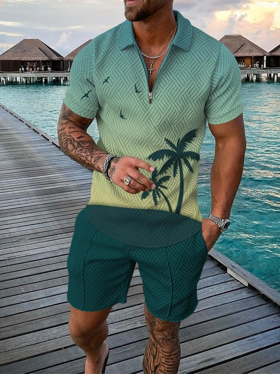 Hawaiian Coconut Tree Print Men's Sets Fashion Zip Polo Short Sleeve Top +Shorts Outfit Summer Beach Vacation Oversized Tee Suit