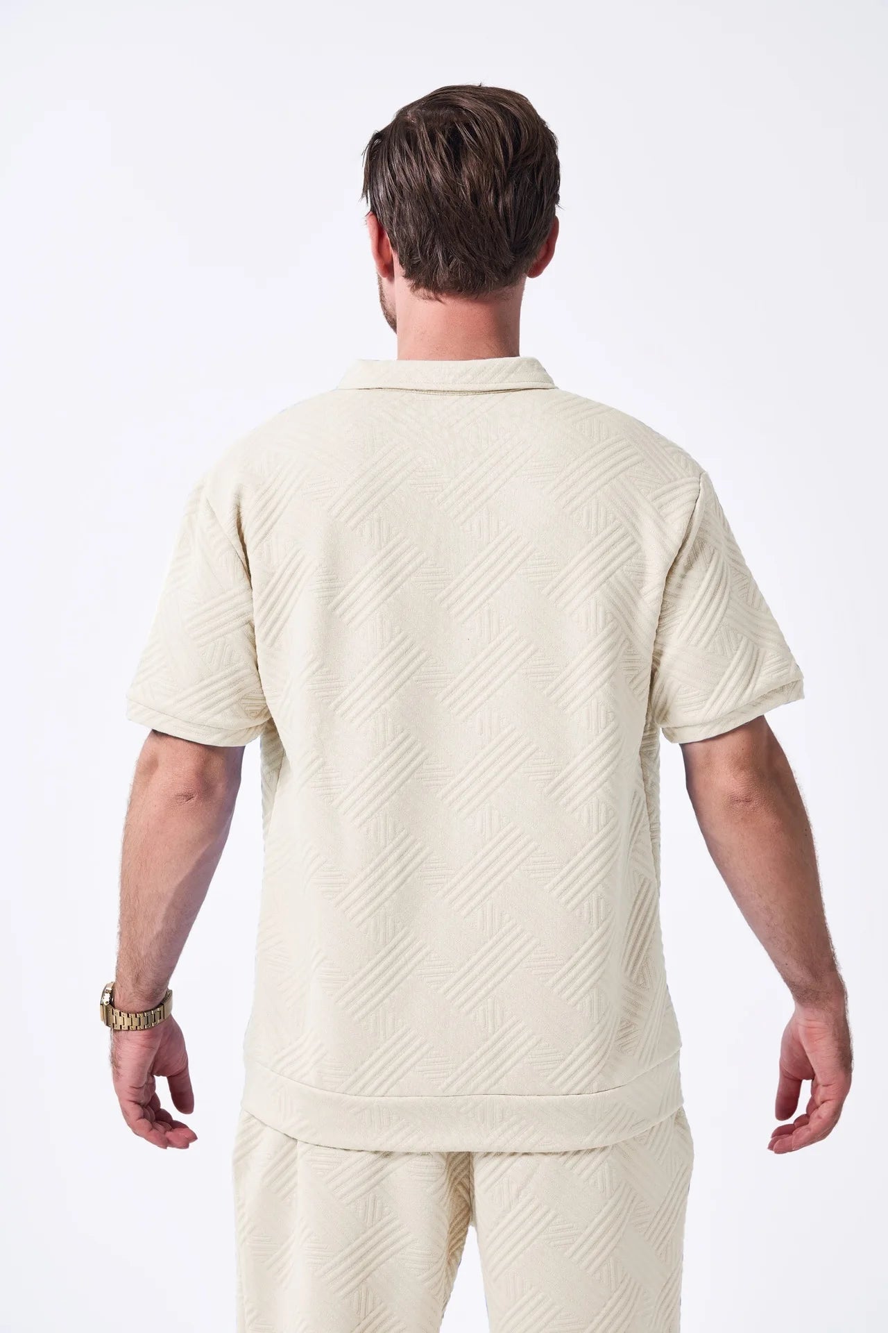 2025 summer new style men Hawaii fashion beauty suit simple casual jacquard short sleeve solid color zipper cardigan shorts two