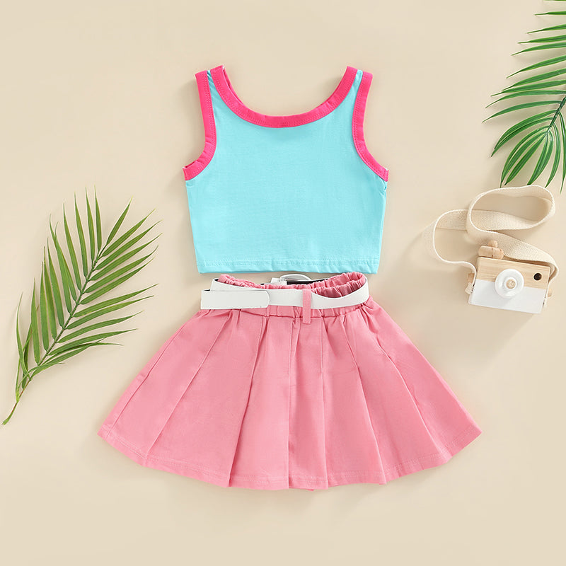 FOCUSNORM 1-6Y Fashion Little Girls Kids Clothes Sets 2pcs Letter Patchwork Sleeveless Causal Vest+Solid Pleated Skirts+Belt