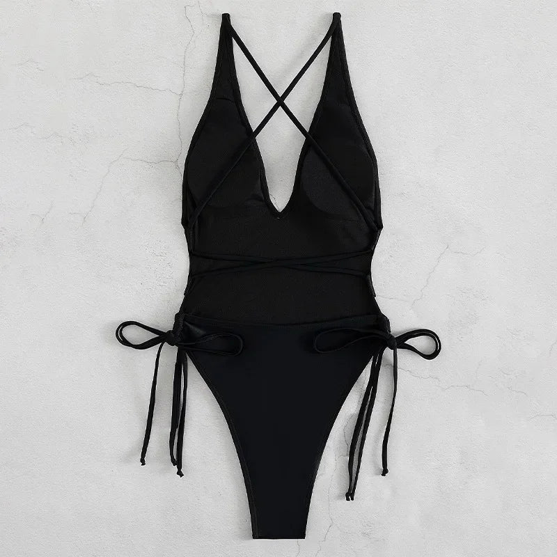 Fashion Solid Deep V Neck One Piece Swimsuit Women Yellow White Hollow Out Pleate Swimwear Beach Bandage Bathing Suit Monokini