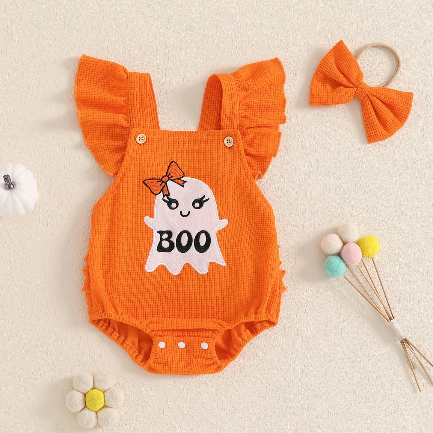 BeQeuewll Flying Sleeve Newborn Baby Girls Bodysuit Cute Infant Outfits Embroidery Ghost Romper with Hairband Halloween Clothes