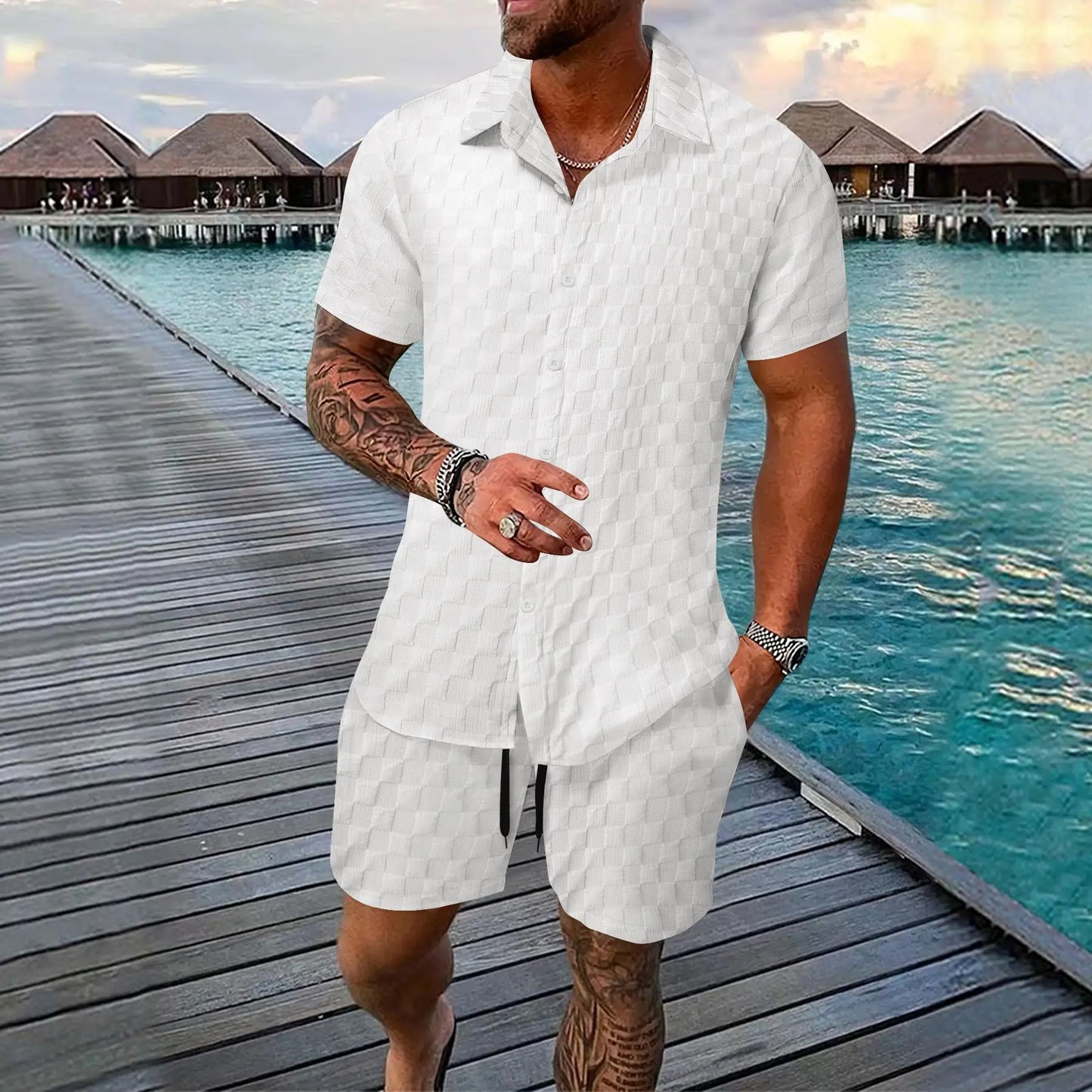 2025 Europe and America new summer men's loose fashion solid color casual mix short sleeve T-shirt shorts suit