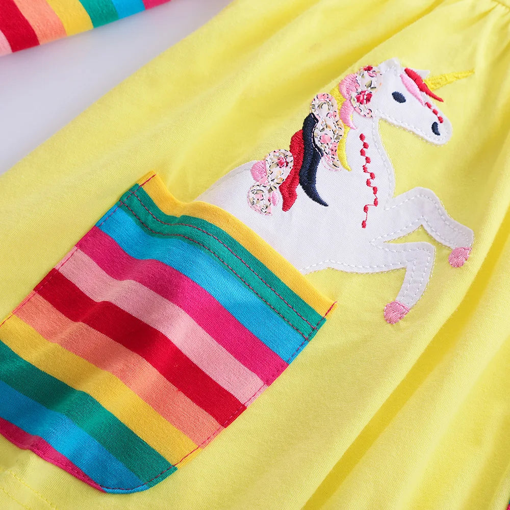 Girls' Long Sleeve Unicorn Dress Autumn Embroidery Two Pockets Rainbow Sleeves 81035