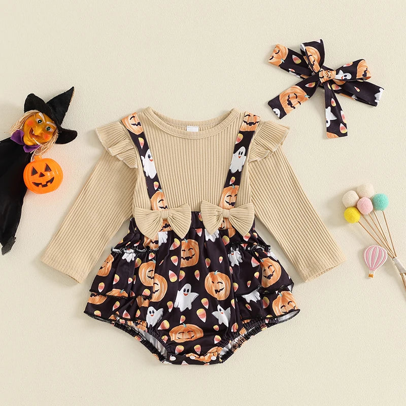2024-05-23 Lioraitiin Baby Girls Halloween Jumpsuits Pumpkin Print Long Sleeve Romper and Cute Headband Set for Infant Outfits