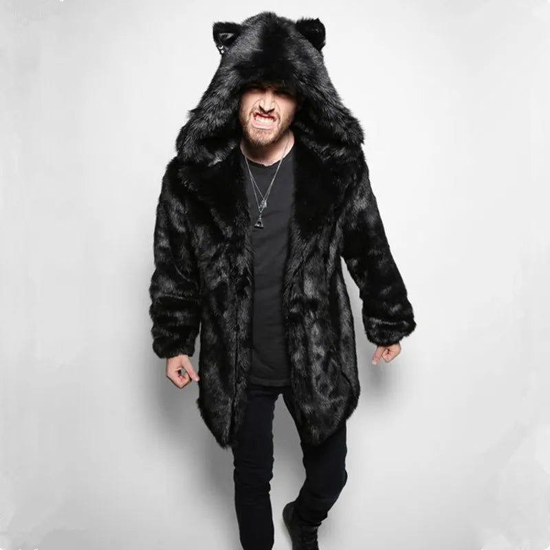 Men's Faux Fur Coat Long Sleeve Hooded Thick Warm Jackets Male Plush Fluffy Cardigan Casual Parka Snow Wear Winter Fur Coat 512
