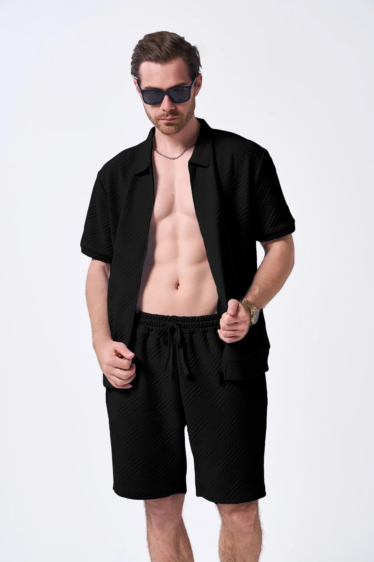 2025 summer new style men Hawaii fashion beauty suit simple casual jacquard short sleeve solid color zipper cardigan shorts two