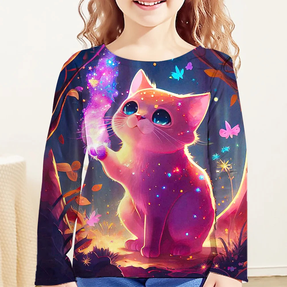 Children Clothes Girl Long Sleeve T-Shirt for Girls 2024 Kids Clothes One Piece Graphic T Shirts Cat Girls Clothes 2 to 8 Years