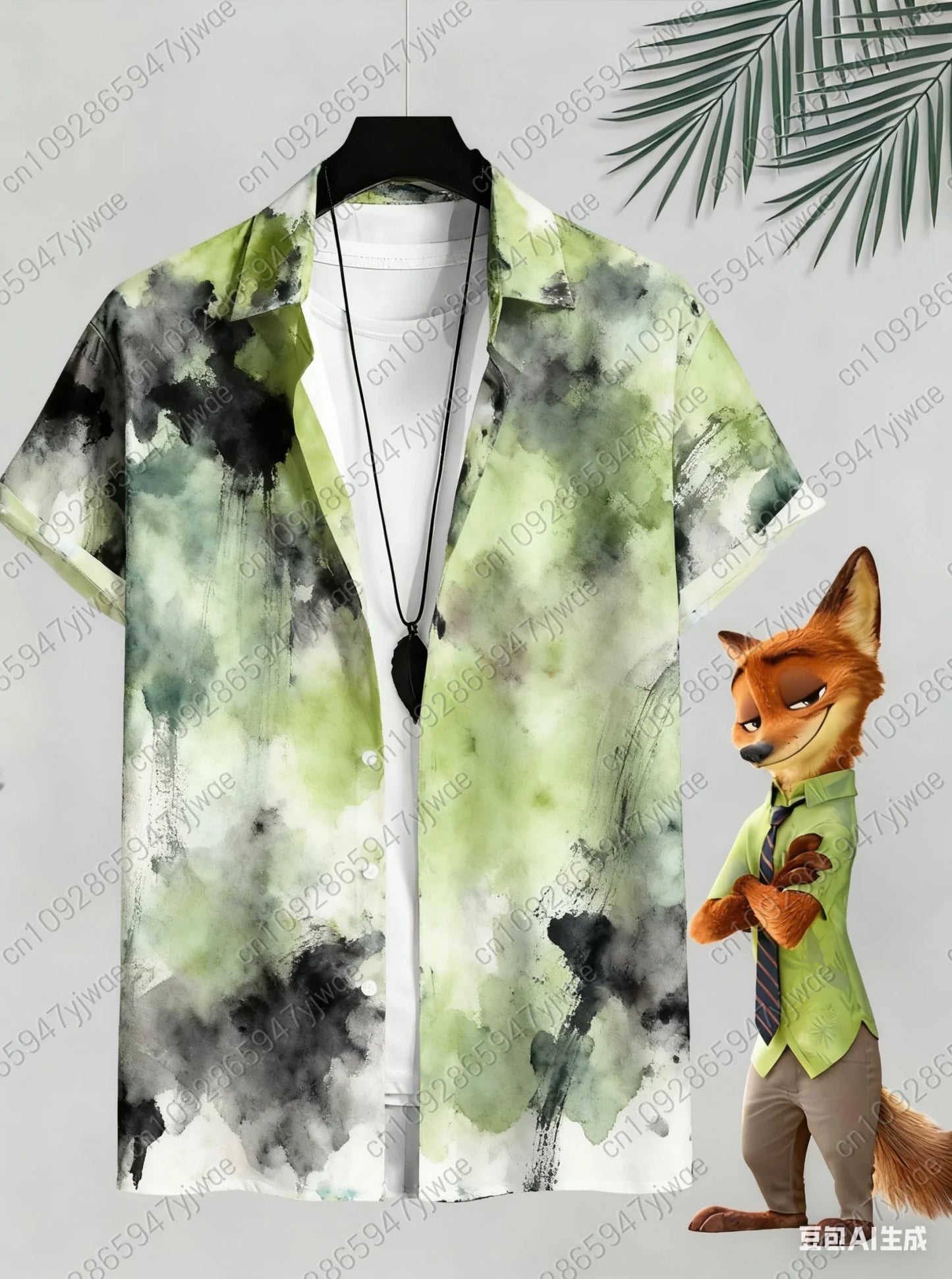 Mens Zootop Same Shirt Green Print Short Sleeve Lapel Shirt Tops Men's Casual Button-Down Shirts For Summer Daily Wear Shirts