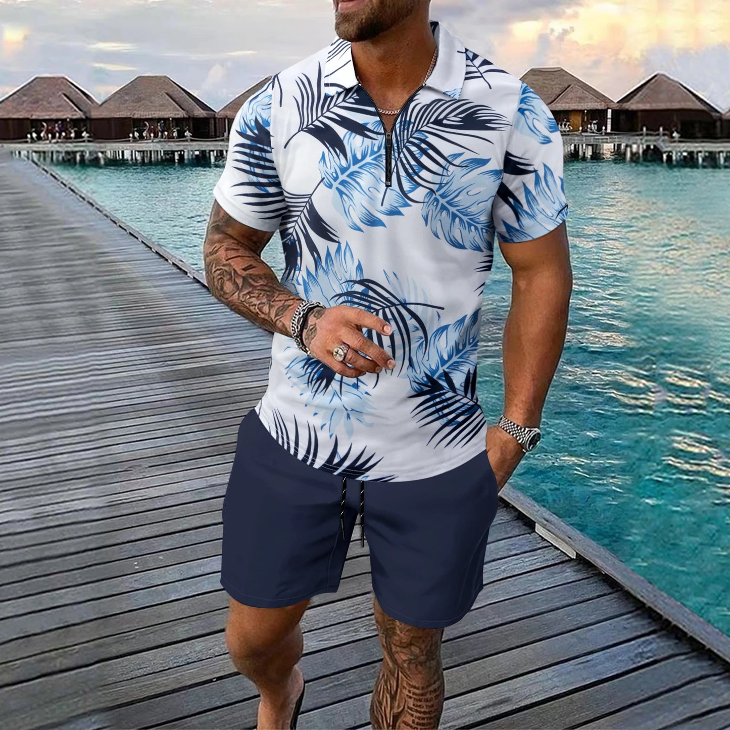 Fashion Zip Polo Shirts Men's Set Hawaiian Beach Vacation Short Sleeve Polo Shirt Shorts 2 Piece Outfit Street Casual Loose Suit