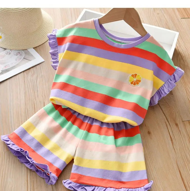 Children's Clothing Sets Floral Embroidery Short Sleeve Lace Top + Striped Printed Shorts 2pcs Sets Kids Clothes for Girls
