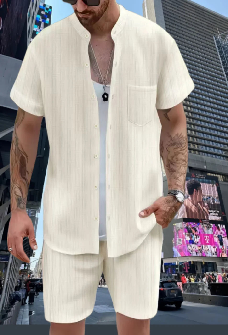 Spring/summer solid color Henry collar pocket suit for men. Shirt casual short sleeve shorts beach loose fashion suit