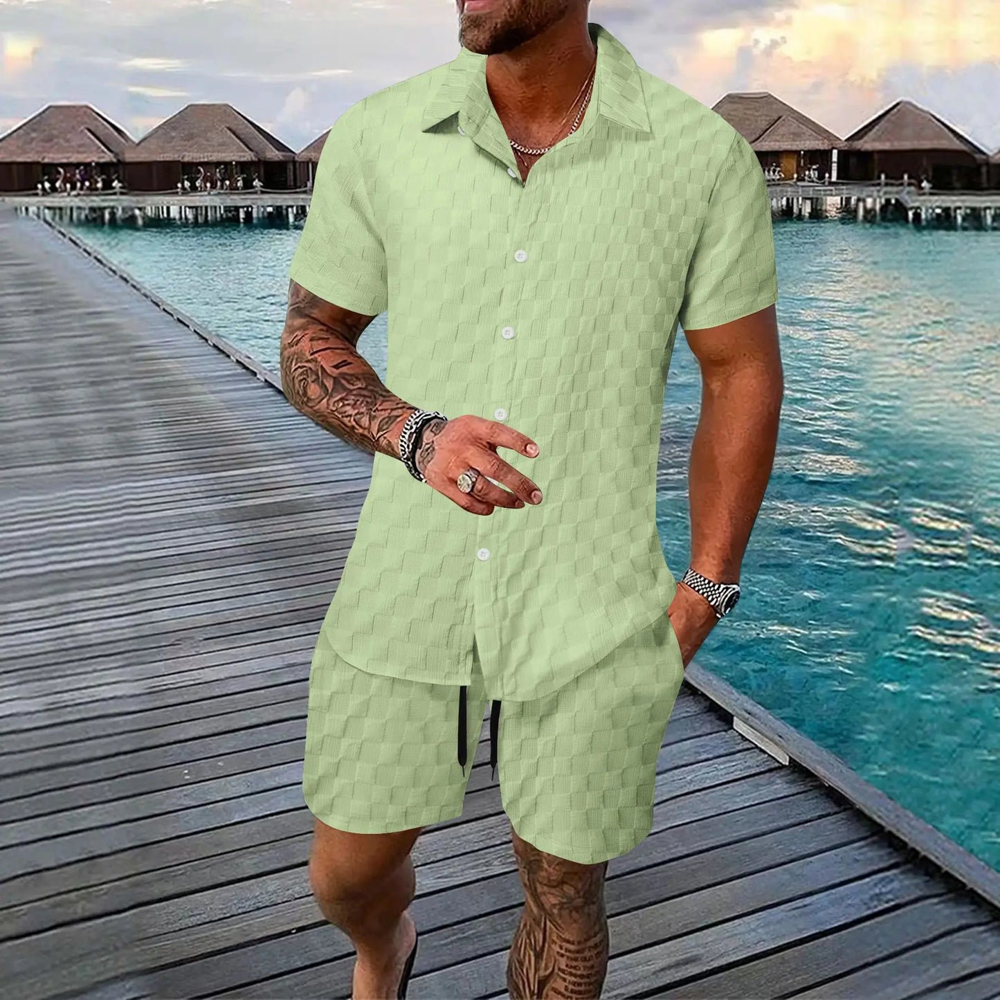 2025 Europe and America new summer men's loose fashion solid color casual mix short sleeve T-shirt shorts suit