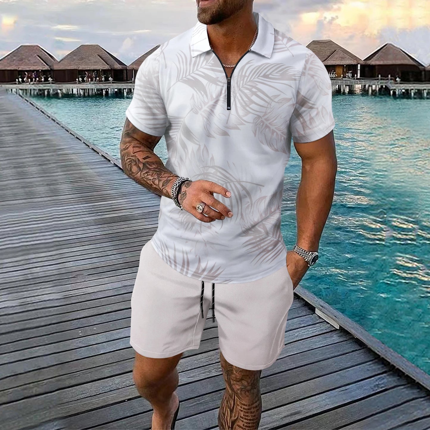 Fashion Zip Polo Shirts Men's Set Hawaiian Beach Vacation Short Sleeve Polo Shirt Shorts 2 Piece Outfit Street Casual Loose Suit