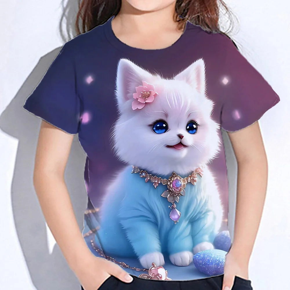 2024 Girl Summer Tops Girls Clothes 2 to 8 Years Short Sleeve Children T-Shirt Cat Print Kids T Shirt Kawaii Children's Clothing
