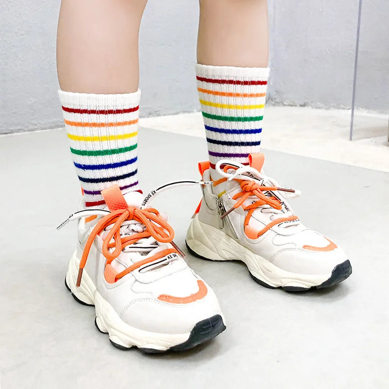 Fashion Rainbow Socks for Kids Spring Summer Colourful Stripe Breathable Cotton Girls Boys Tube Socks School Long Socks 1-8 Year