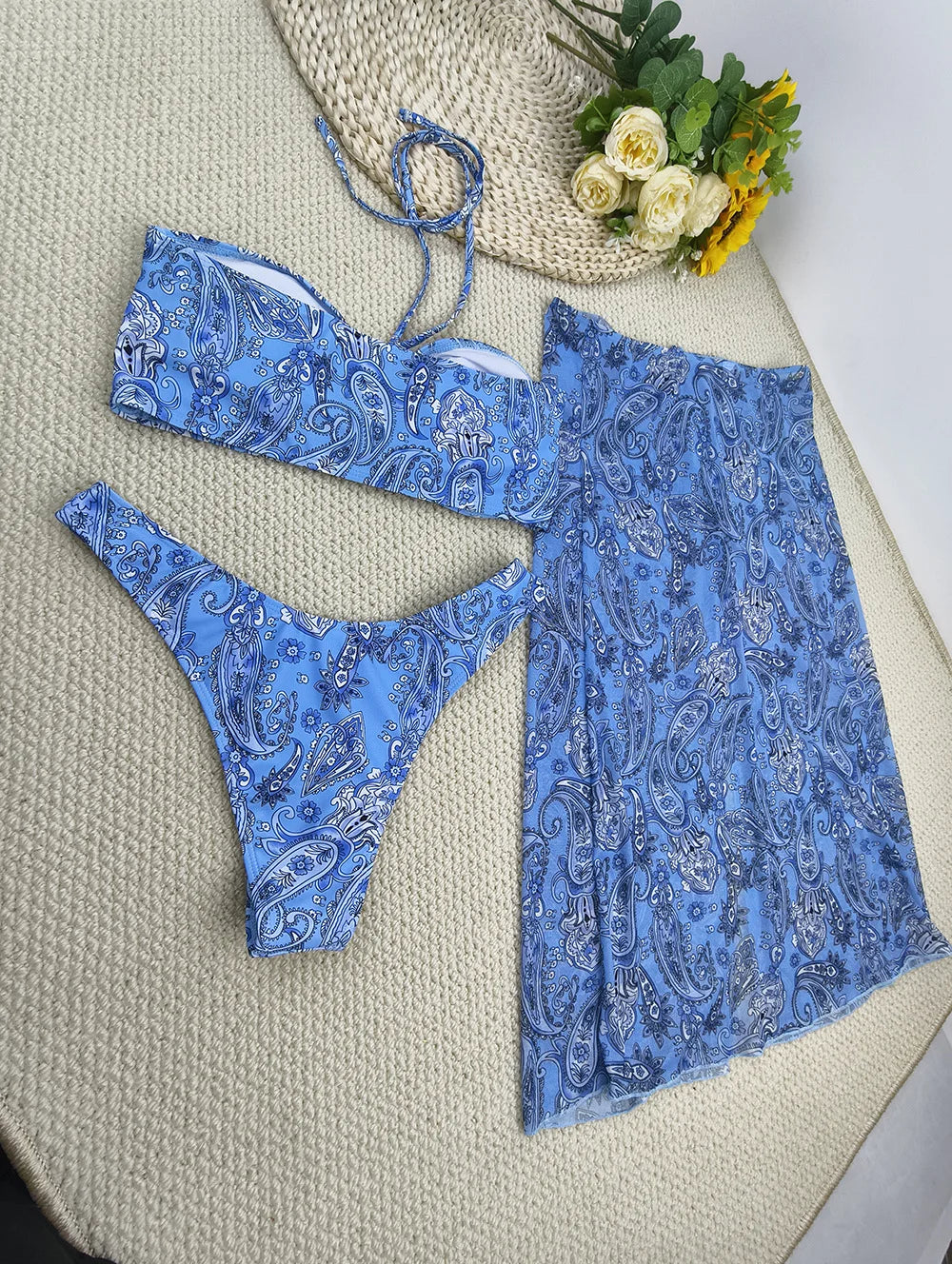 Women's Paisley Bikini Set With Skirt 2025 Sexy Bohemian Beach Dress Beachwear Two-Piece Swimsuit Cover-Up Summer Seaside Outfit
