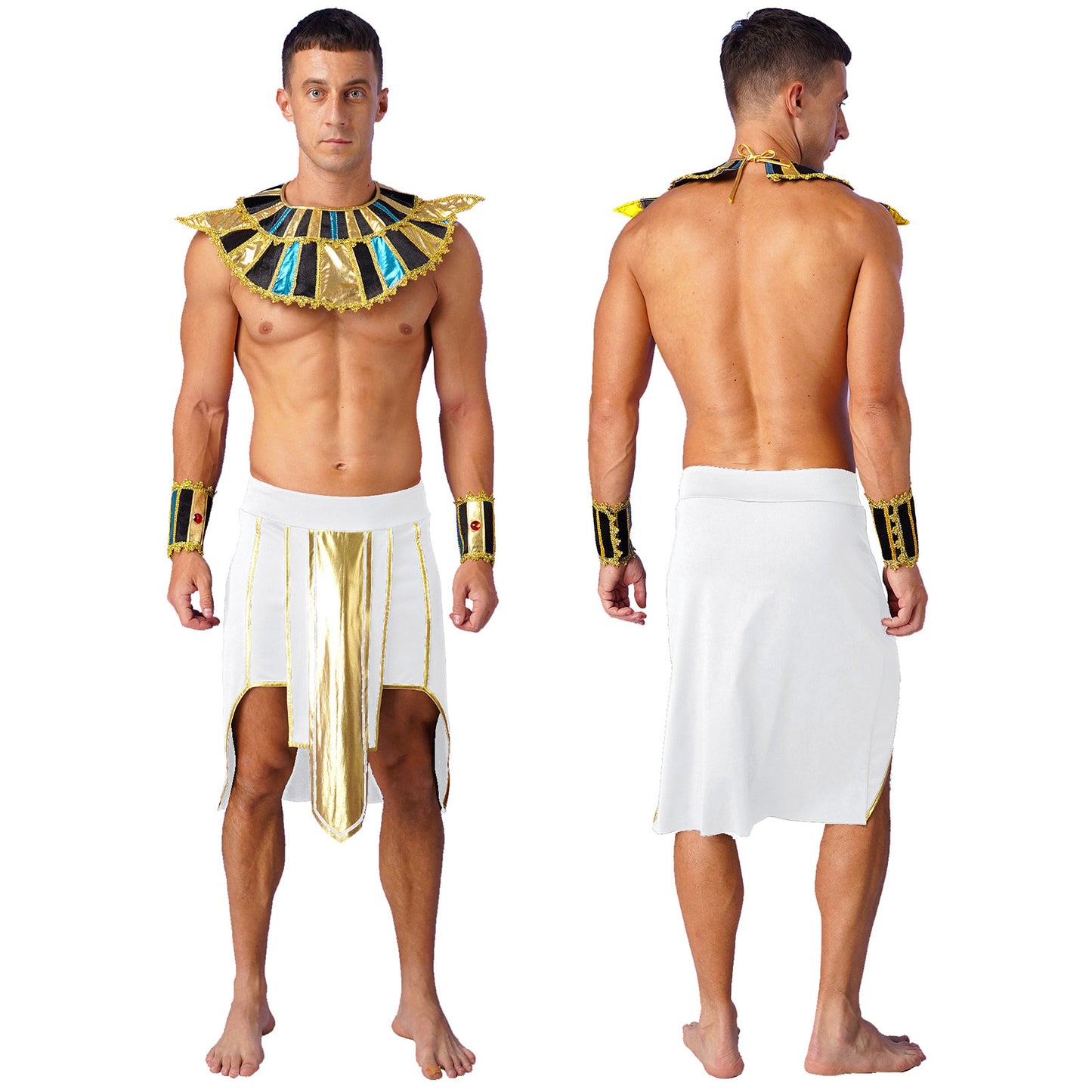 Mens Ancient Egyptian Pharaoh King Cosplay Costume Halloween Fancy Dress Skirt with Cuffs Collar Outfit for Theme Party/Stage