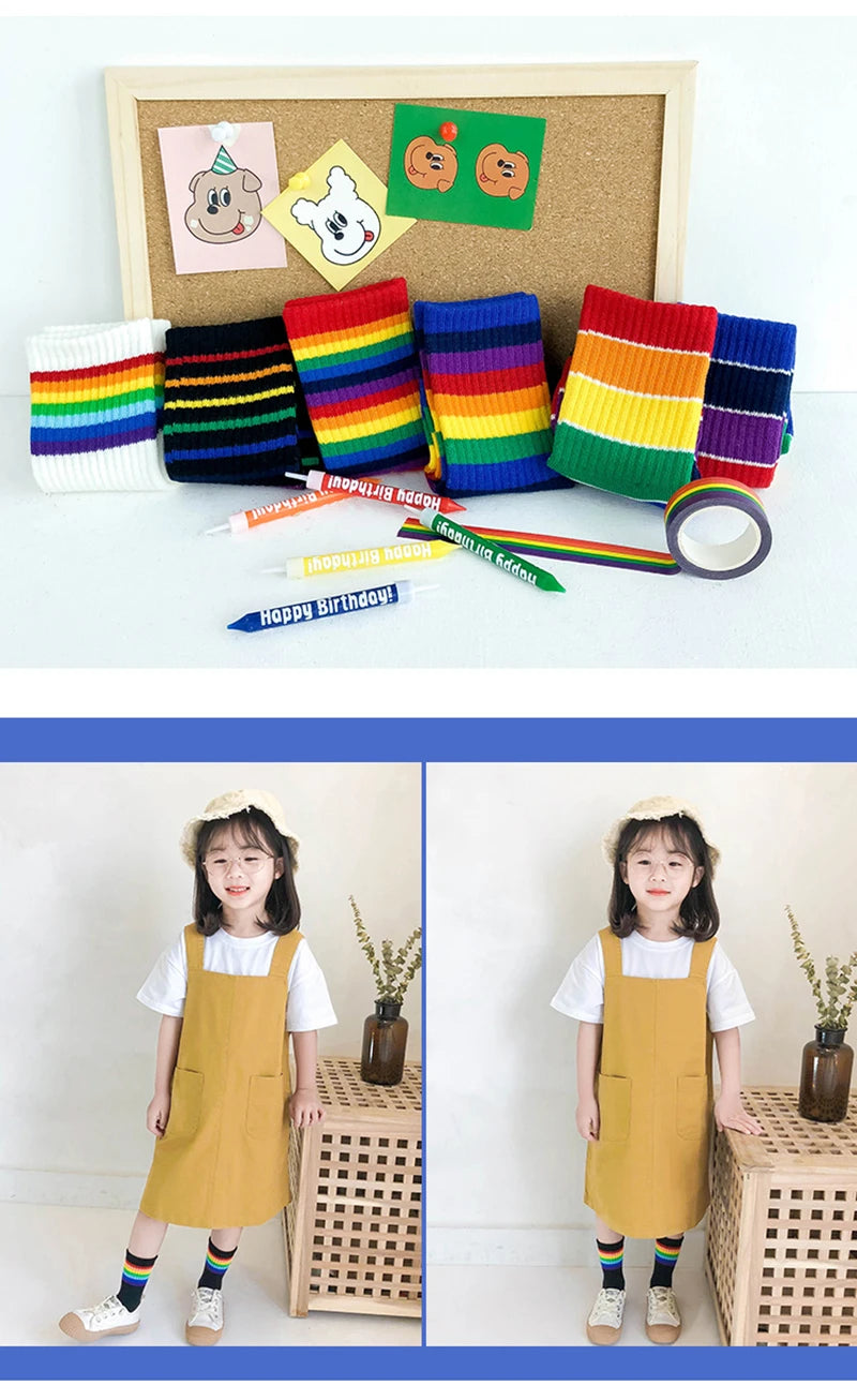 Fashion Rainbow Socks for Kids Spring Summer Colourful Stripe Breathable Cotton Girls Boys Tube Socks School Long Socks 1-8 Year