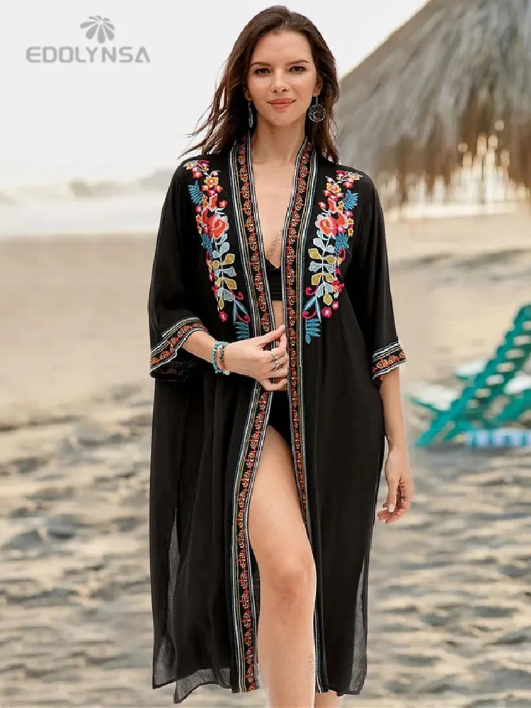Embroidery Kaftan Beach Tunic Beach Cover up Saida de Praia Swimsuit Women Bikini cover up Pareo Sarong Beachwear Q882