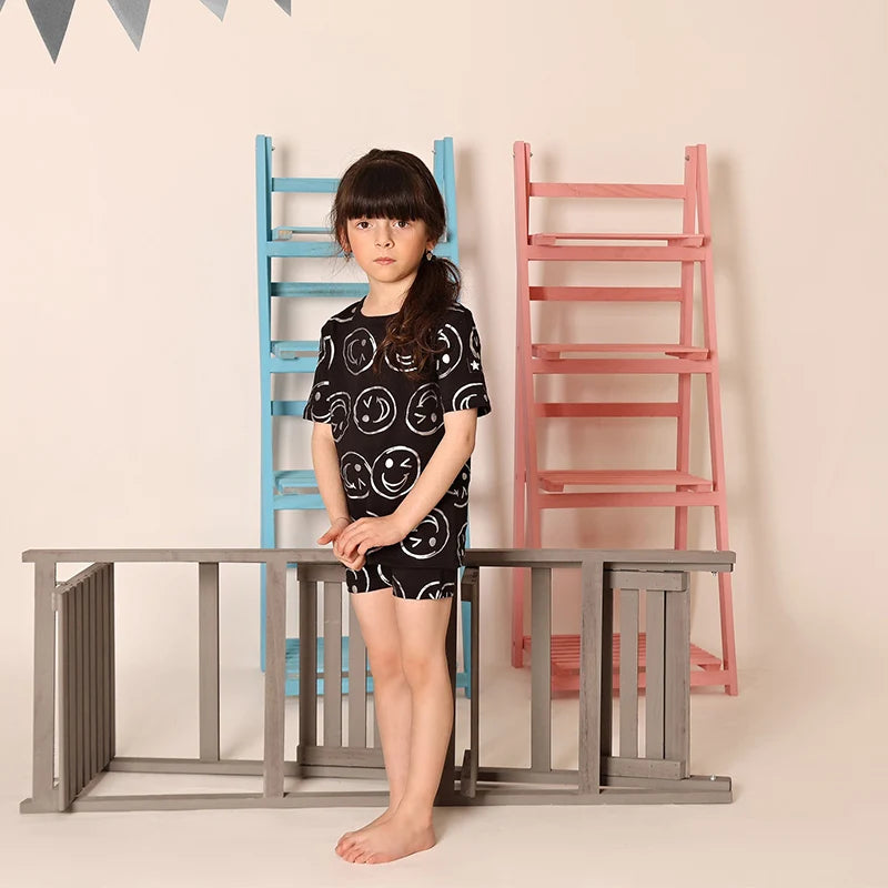 AA-kids boy summer spring fashion clothes 2pcs set cotton long sleeve and short sleeve 2pcs clothes set smile print black set