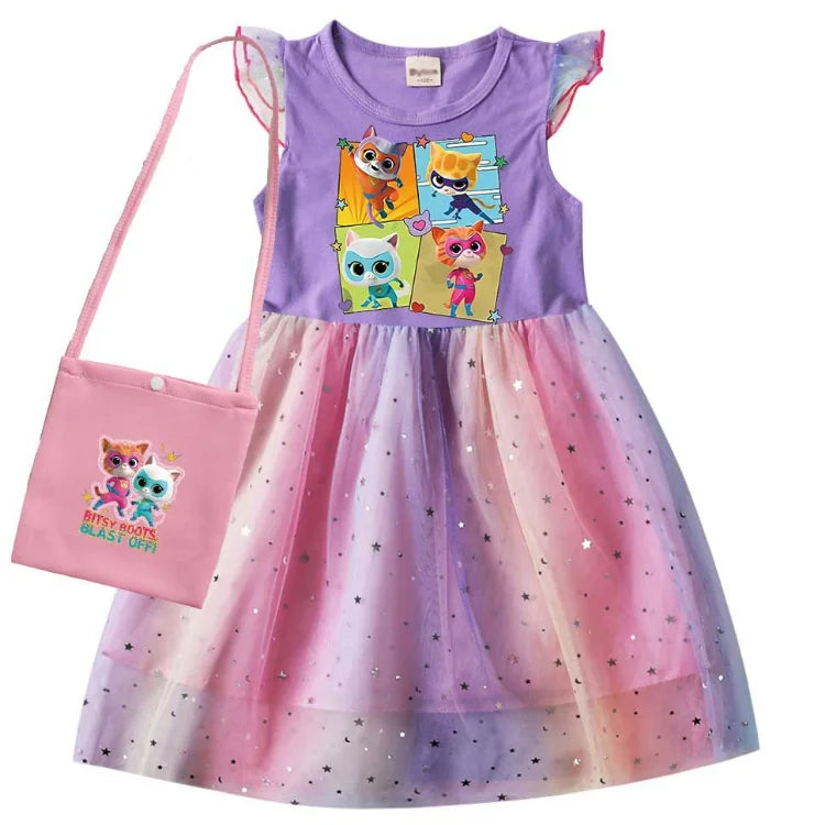 children SuperKitties Costume kids Cosplay Super Kitties clothes for Girls Flying Sleeves A-Line Dress with Bag and Headband